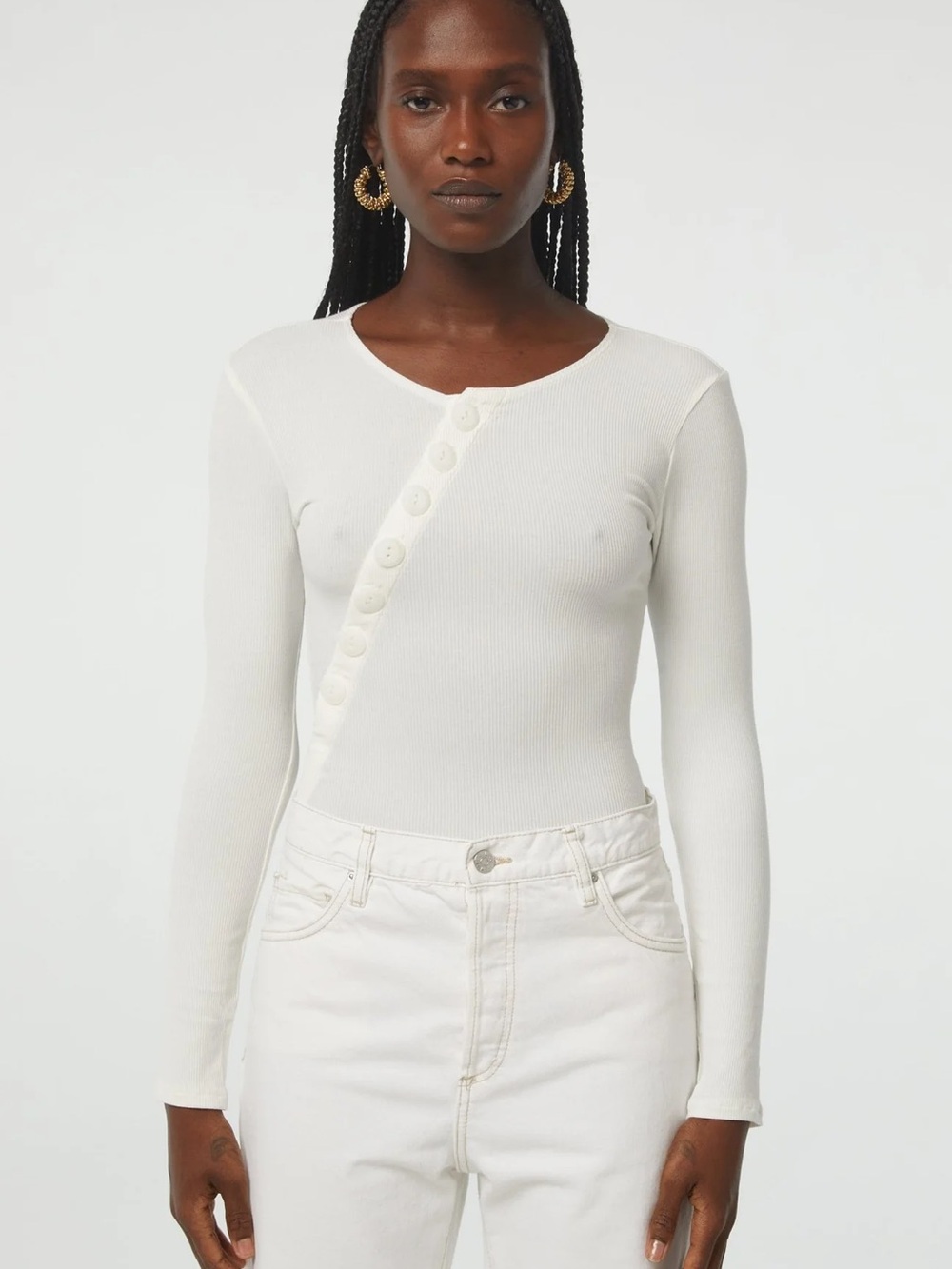 White Ribbed Long-Sleeve Bodysuit with Asymmetrical Button Placket